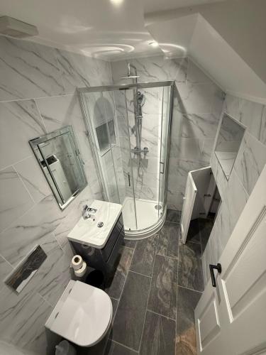a bathroom with a shower and a toilet and a sink at The Sherwood Guest House in Eastbourne