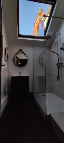 La salle de bains est pourvue d'une douche en verre et d'une fenêtre. dans l'établissement Le Courbet Fabulous 1-Bedroom, à Dijon