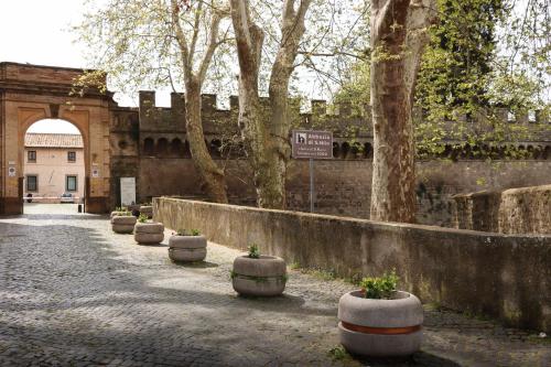 a row of cement pots with plants in them at poppy loft in Grottaferrata