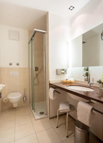 a bathroom with a shower and a sink and a toilet at Parkhotel St.Leonhard in Überlingen