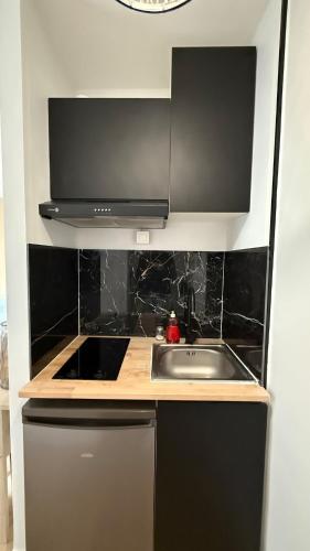a kitchen with a sink and a microwave at Madeleine - Studio Charmant in Orléans