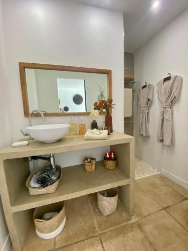 une salle de bain avec un lavabo et un miroir dans l'établissement Les Gites du Clos, à La Cadière-dʼAzur