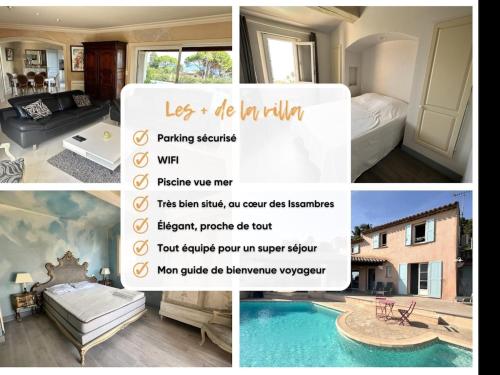 un collage de photos d'une chambre et d'une piscine dans l'établissement Villa - 160m2 -vue mer - 300m des plages, à Roquebrune-sur Argens