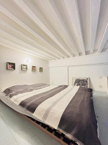 - un grand lit dans une chambre avec plafond dans l'établissement Appartement au centre de Lyon Flandrin, à Lyon