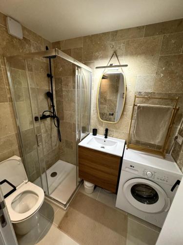 La salle de bains est pourvue de toilettes, d'un lavabo et d'un lave-linge. dans l'établissement Studio with swimming pool, à Vallauris