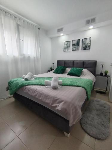 a bedroom with a large bed with a green blanket at Studio Jovana Stan na dan Kikinda in Kikinda