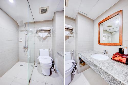 two pictures of a bathroom with a toilet and a sink at Dancenter Bangkok Travellers Hotel in Bangkok