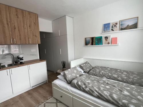 a small kitchen with a couch in a room at Apartmán v centre in Nové Mesto nad Váhom