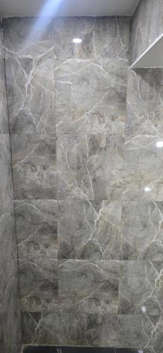 a stone wall in a bathroom with a marble floor at Hotel Sangam Palace in Chittaurgarh