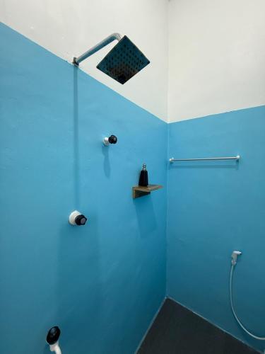 a blue bathroom with a shower with a blue ceiling at Sea La Vie in Arugam Bay