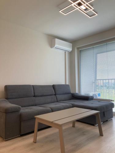 a living room with a couch and a coffee table at Mulberry apartment with parking in Bratislava in Bratislava