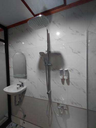 a bathroom with a shower and a sink at Friendly Homestay Lemukih in Singaraja