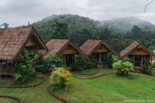 a row of cottages in front of a mountain at 3 Pok Maewang jinxiang Gold elephant park in Ban Mae Sapok Noi