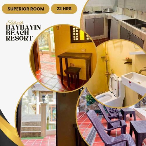 a collage of three pictures of a kitchen and a room at Sibsib Baybayin Beach Resort in Tanza