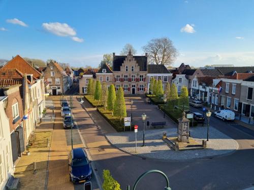 a view of a town with cars parked on a street at Die Meid in Sint Maartensdijk
