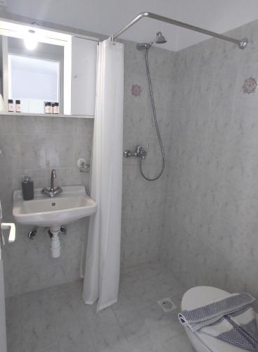 a bathroom with a sink and a shower with a shower curtain at Chrysa House in Kamarai