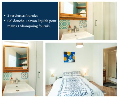 un collage de photos d'une chambre avec un lit et un miroir dans l'établissement Les Douces Breizh - Jules Ferry - Proximité Gare SNCF, à Saint-Brieuc