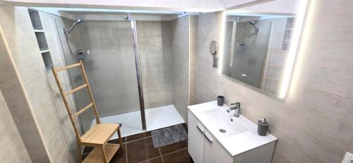 a bathroom with a shower and a sink and a mirror at Seaview Apartment, Playa Chica, Las Gaviotas, Apartamento 311 in Santa Cruz de Tenerife
