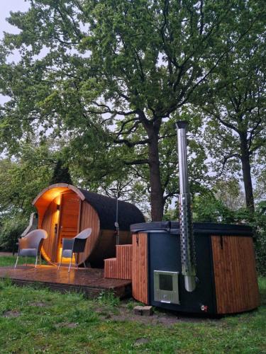 a tiny house with a fireplace and a tv at La casa Pacha Mama Sauna en Hottub in Ewijk