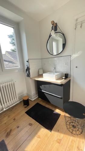 a bathroom with a sink and a mirror at Gite Chez Krol in Bonnes
