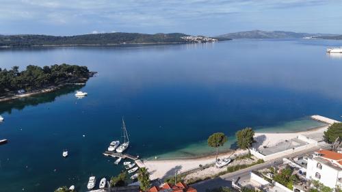 an aerial view of a large body of water with boats at Villa Lavea in Trogir