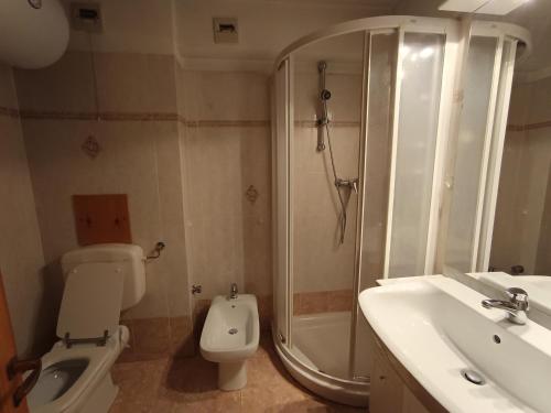 une salle de bain avec une douche, des toilettes et un lavabo dans l'établissement Studio 4 pers avec terrasse et jardin, parking couvert, à Montgenèvre - FR-1-445-173, à Montgenèvre