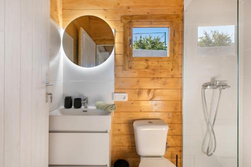 a bathroom with a toilet and a sink and a mirror at Alojamientos B y J in Arafo