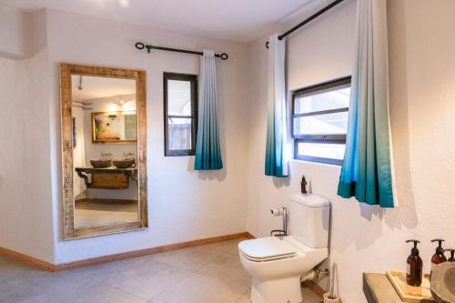 a bathroom with a toilet and a mirror at Barkhan Dune Retreat in Solitaire