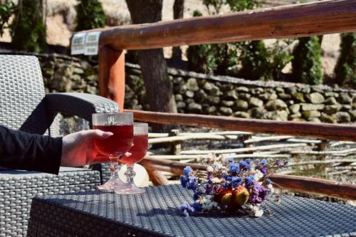 a person holding two glasses of wine on a table at Casa de vacanță Trei Zâne in Sovata