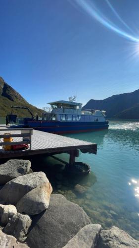 a boat is docked at a dock in the water at Large balcony with panoramic mountain views in Beitostøl