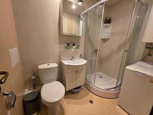 a bathroom with a shower and a toilet and a sink at Golden Lady in Sveti Vlas