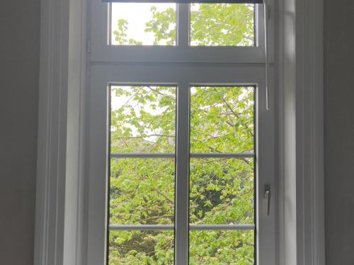 an open window with a view of a tree at Altes Pastorat in Barmstedt