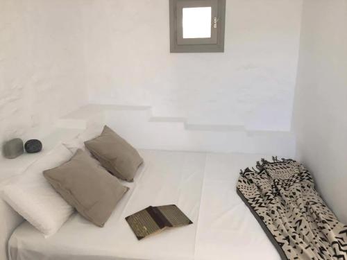 Stunning Antiparos Villa 3 Bedrooms Villa Kamino Breathtaking Sea Views في أنديباروس: غرفة بيضاء مع أريكة ووسائد وكتاب