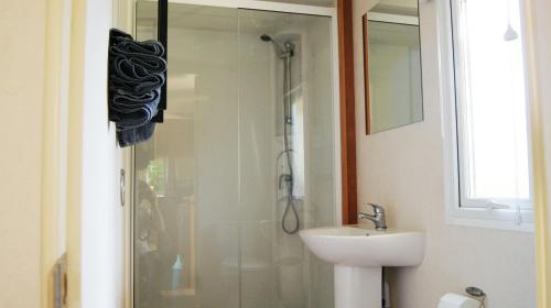 a bathroom with a shower and a sink at Camping Alkenhaer Appelscha Chalet 034 in Appelscha