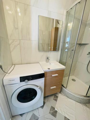a bathroom with a washing machine and a sink at Charmant Perret centre-ville 2 chambres idéales in Le Havre