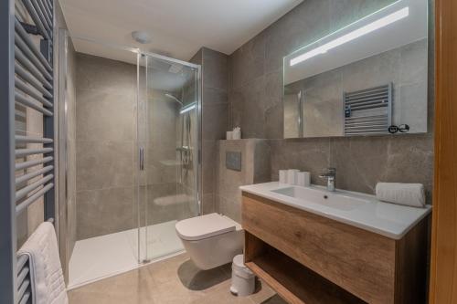 une salle de bain avec un lavabo, une douche et des toilettes dans l'établissement Toluvie Apartment - Snow and Trek, à Morzine