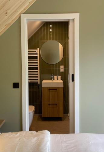 a bathroom with a sink and a mirror at Recreatiepark De Bosrand in Oudemirdum