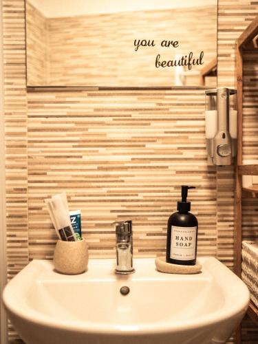a bathroom sink with a bottle of soap and a soap dispenser at I CAVALIERI in Terlizzi