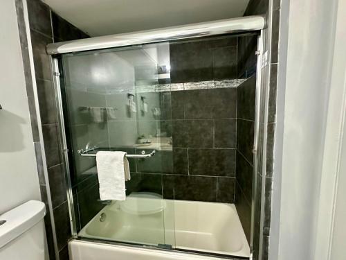 a bathroom with a shower with a glass door at Des Plaines Motel By OYO O'Hare Airport Chicago in Des Plaines