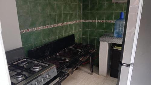a kitchen with a stove and a green tiled wall at Villa Rosa Bella Perfect for families or groups in Palmar de Ocoa