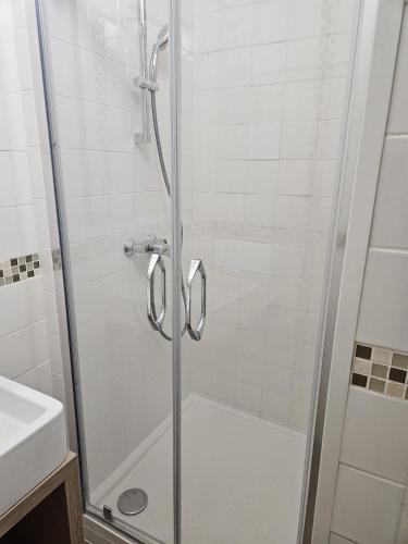 une douche avec une porte vitrée dans une salle de bain dans l'établissement CALVI STUDIO TERRASSE PLAGe, à Calvi