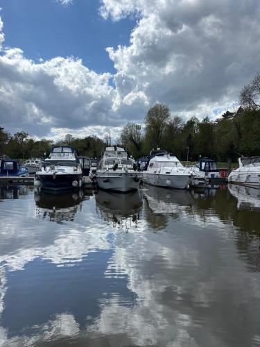 a group of boats are docked in the water at Floating tranquility in Dorney
