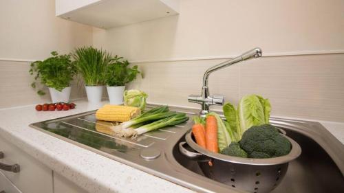 a kitchen sink with vegetables sitting in it at StayZo Castle Point 18 Apartments - Premier Lodge in Southampton