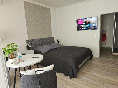 a bedroom with a bed and a table and a tv at Ferienwohnung an der Alten Posthalterei in Bautzen