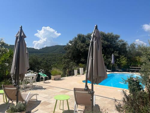 un patio avec deux parasols et une piscine dans l'établissement Villa Bagnols en forêt, à Bagnols-en-Forêt