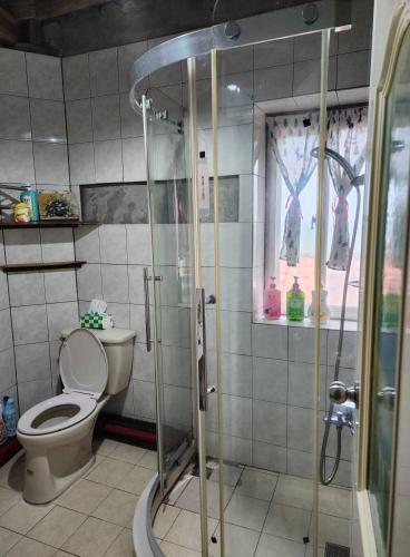 a bathroom with a toilet and a glass shower at Eternal Seaside House in Nangan