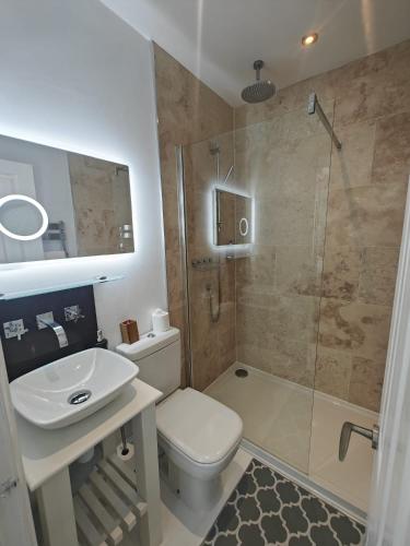 a bathroom with a toilet and a sink and a shower at Trispin at Sophias in Penzance