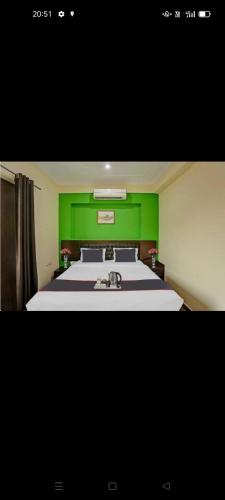 a green bedroom with a bed and a sink at Hotel Elite Stay in Gurgaon