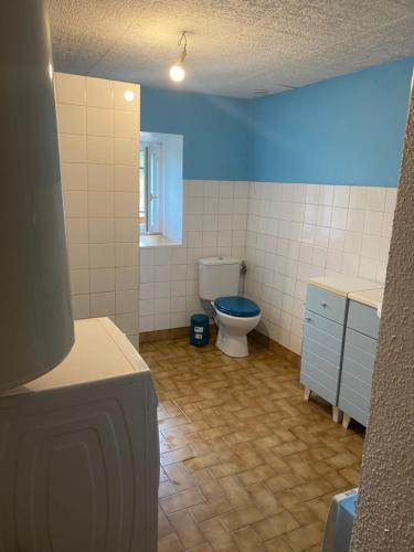 une salle de bain avec toilettes et un mur bleu dans l'établissement Mas de La Pauline, à Sénéchas