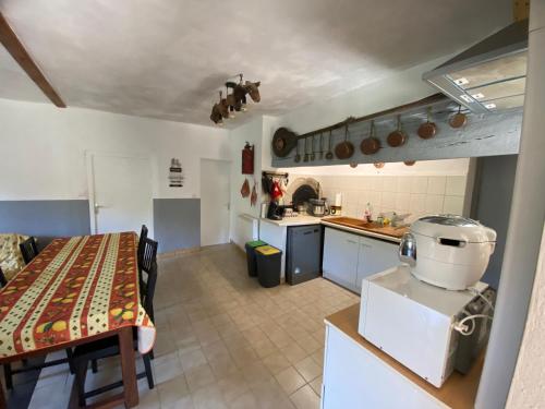 une cuisine avec une table et un comptoir dans l'établissement Mas de La Pauline, à Sénéchas